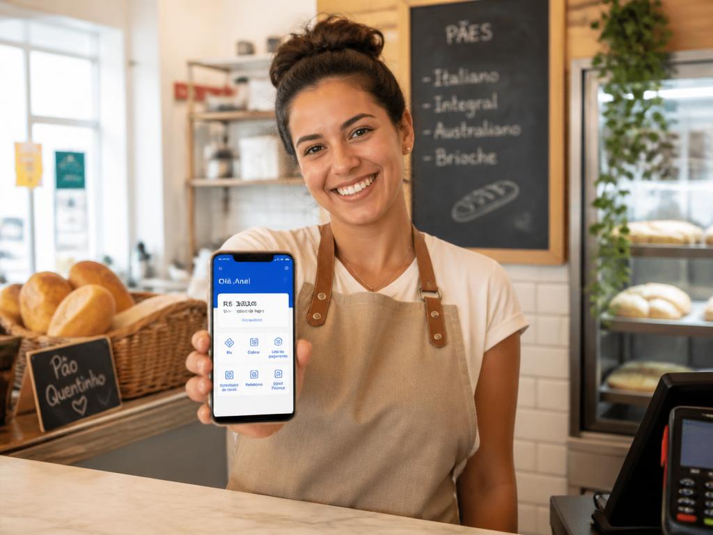 Lojista usando o aplicativo Conta Digital Paxee no celular